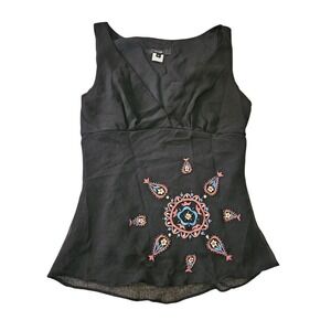 Single VTG Blouse Women Medium Black Beaded Y2K Festival Sleeveless Babydoll
